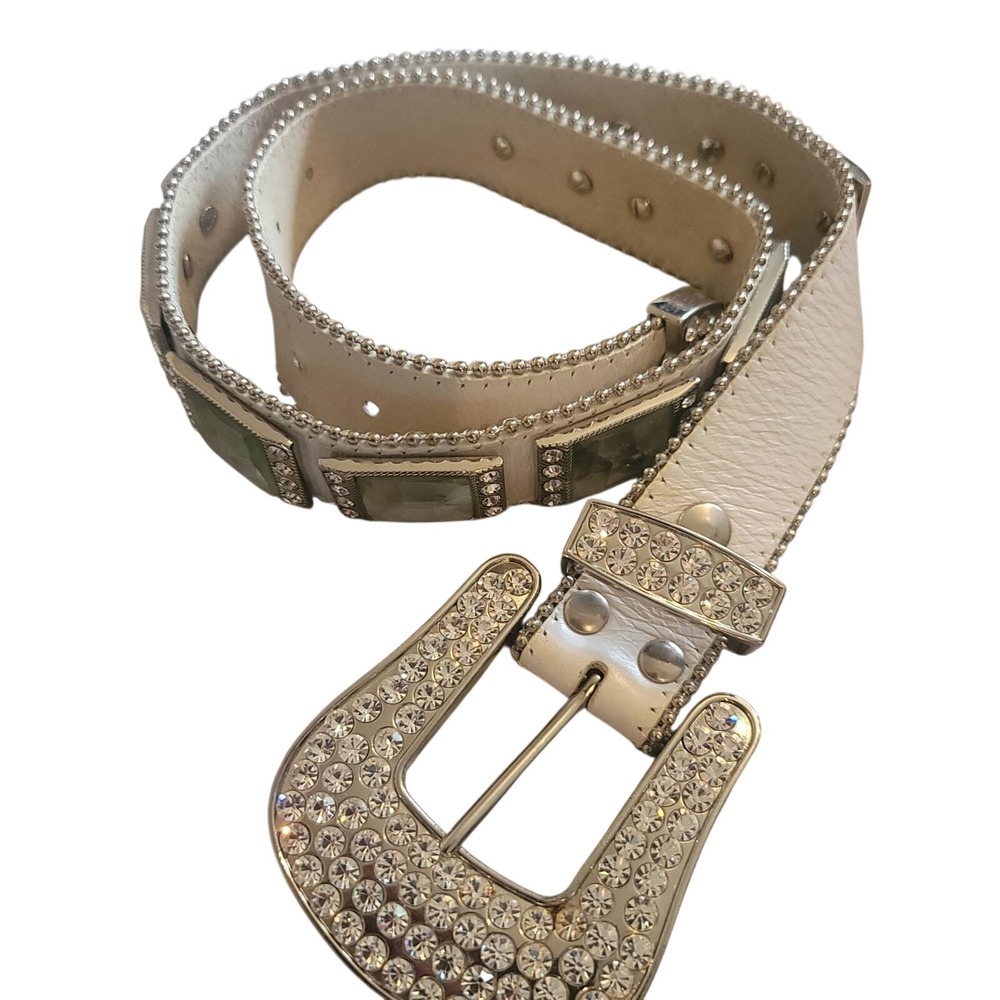 White Leather Rhinestone Western Belt Silver Crystal Buckle‎ Size S 31 Cowgirl
